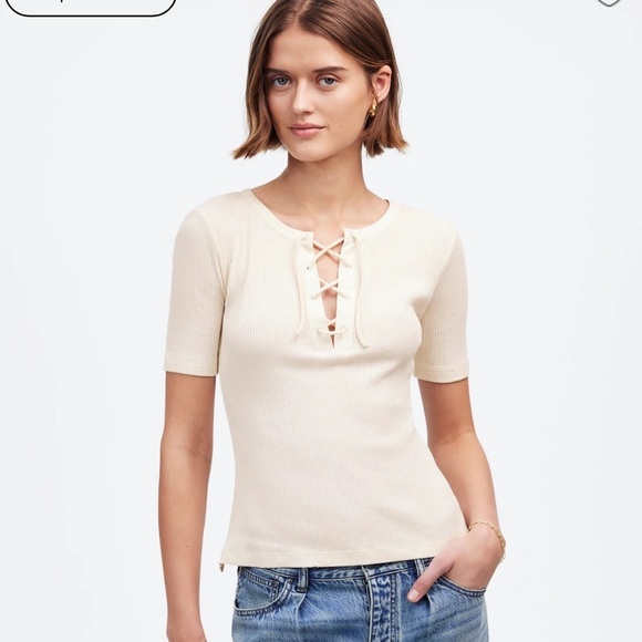 Madewell vintage ivory Ribbed Lace-Up Short-Sleeve Tee - Picture 1 of 6